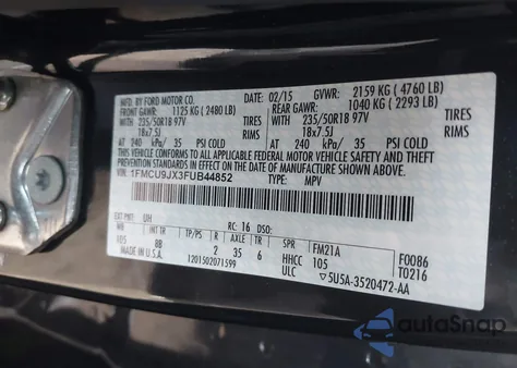 2015 Ford Escape Titanium z USA, uszkodzony, nr VIN 1FMCU9JX3FUB44852